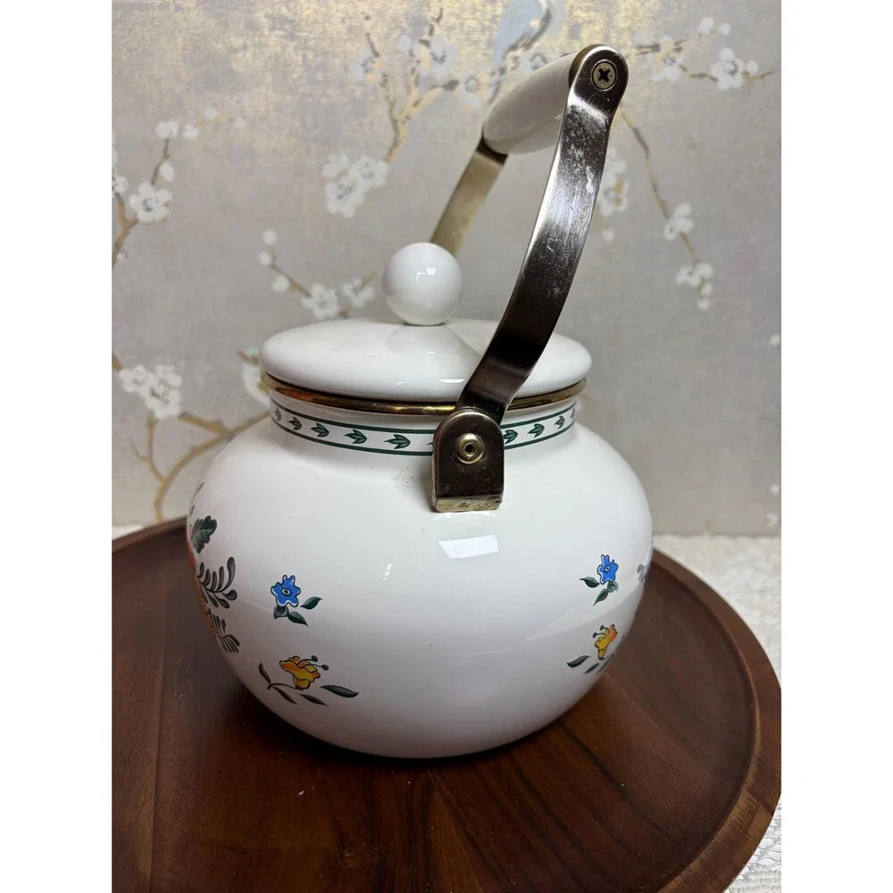 Vintage M Kamenstein Floral Enamel Teakettle White Brass Handle Tea Pot 1983